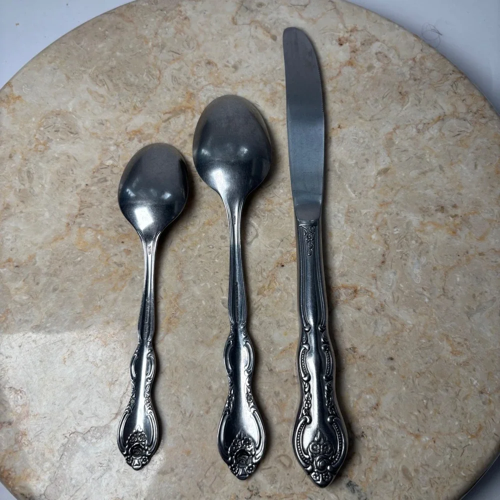 International Stainless Verona Flatware 3pc Set Silver Rose‎ Korea Knife Spoons